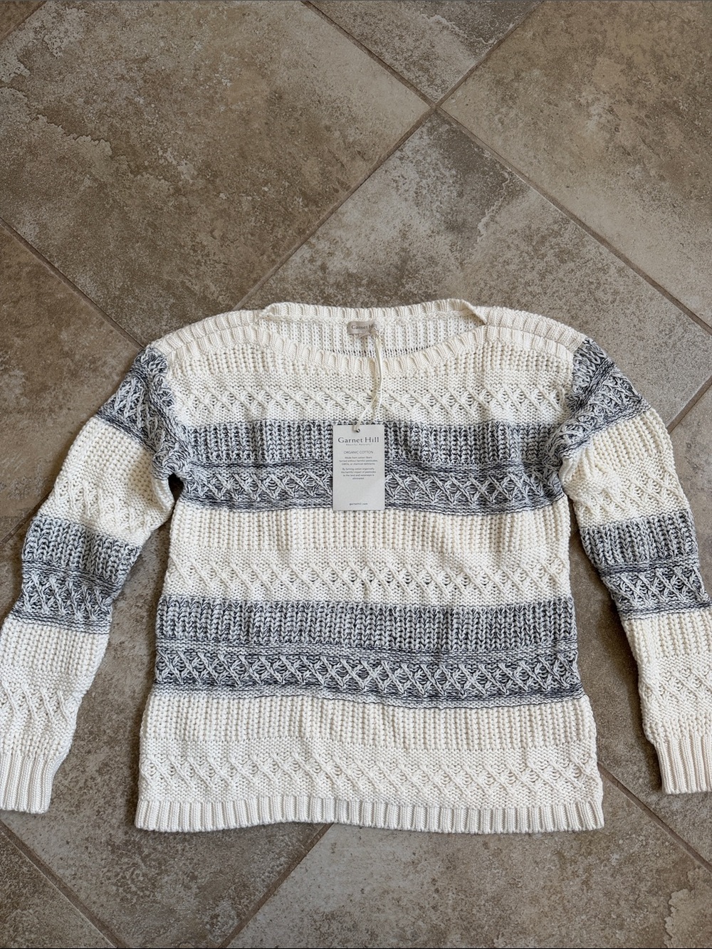 Garnet Hill Ivory & Heather Gray Striped Cable-Knit Crew Organic Cotton Sweater